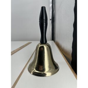 Vintage‎ Antique Brass Bell Wood Handle School Teacher Loud 7"